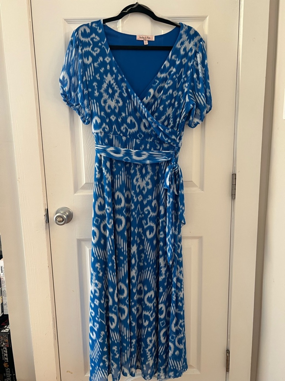 Blue Ikat Dress with Tie Waist Petite Large